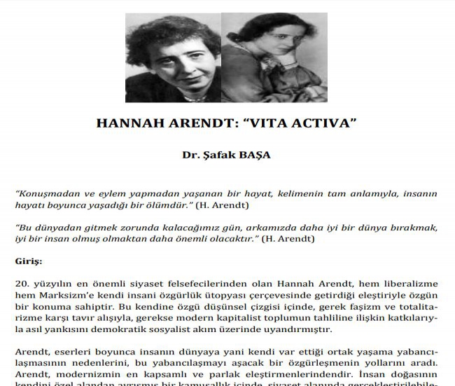 HANNAH ARENDT: “VITA ACTIVA” (TANITIM YAZISI)