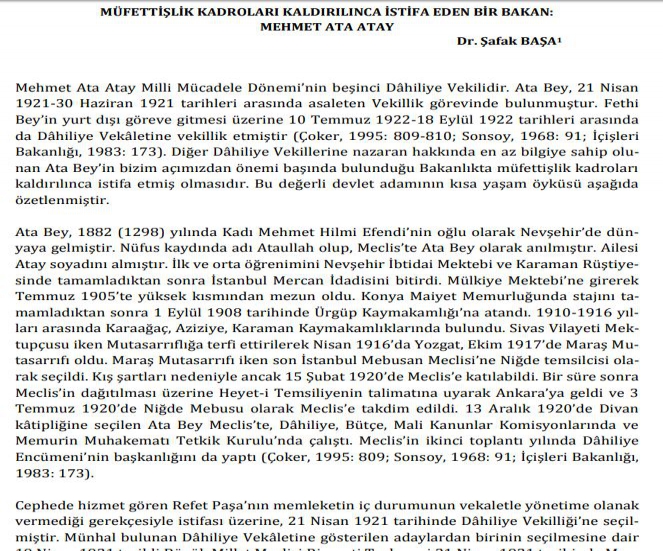 MÜFETTİŞLİK KADROLARI KALDIRILINCA İSTİFA EDEN BİR BAKAN-M. ATA ATAY (MAKALE)