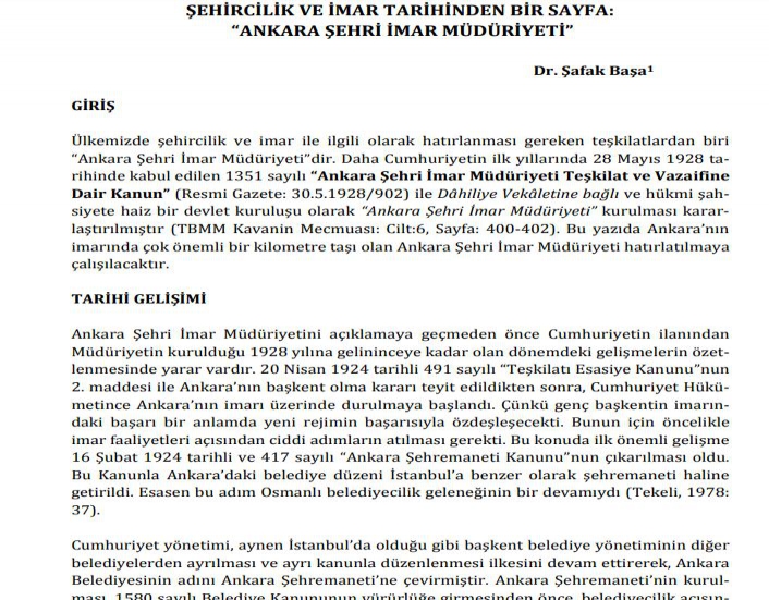 ŞEHİRCİLİK VE İMAR TARİHİ: ANKARA ŞEHRİ İMAR MÜDÜRİYETİ (MAKALE)